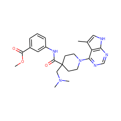 COC(=O)c1cccc(NC(=O)C2(CN(C)C)CCN(c3ncnc4[nH]cc(C)c34)CC2)c1 ZINC000473115867