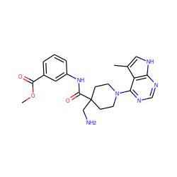 COC(=O)c1cccc(NC(=O)C2(CN)CCN(c3ncnc4[nH]cc(C)c34)CC2)c1 ZINC000473113696