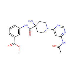 COC(=O)c1cccc(NC(=O)C2(N)CCN(c3cc(NC(C)=O)ncn3)CC2)c1 ZINC000473116466