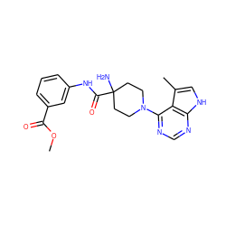 COC(=O)c1cccc(NC(=O)C2(N)CCN(c3ncnc4[nH]cc(C)c34)CC2)c1 ZINC000473114005