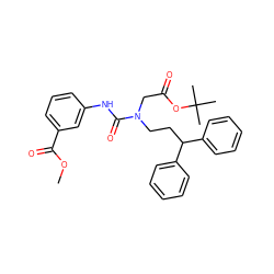 COC(=O)c1cccc(NC(=O)N(CCC(c2ccccc2)c2ccccc2)CC(=O)OC(C)(C)C)c1 ZINC000095601731