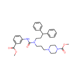 COC(=O)c1cccc(NC(=O)N(CCCN2CCN(C(=O)OC)CC2)CCC(c2ccccc2)c2ccccc2)c1 ZINC000095603842