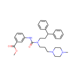 COC(=O)c1cccc(NC(=O)N(CCCN2CCN(C)CC2)CCC(c2ccccc2)c2ccccc2)c1 ZINC000095601800