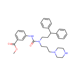 COC(=O)c1cccc(NC(=O)N(CCCN2CCNCC2)CCC(c2ccccc2)c2ccccc2)c1 ZINC000095603167