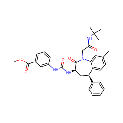 COC(=O)c1cccc(NC(=O)N[C@@H]2C[C@H](c3ccccc3)c3ccc(C)cc3N(CC(=O)NC(C)(C)C)C2=O)c1 ZINC000029567669