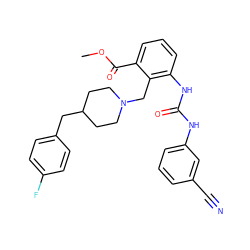 COC(=O)c1cccc(NC(=O)Nc2cccc(C#N)c2)c1CN1CCC(Cc2ccc(F)cc2)CC1 ZINC000013475853