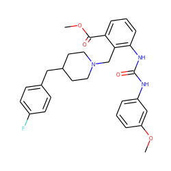 COC(=O)c1cccc(NC(=O)Nc2cccc(OC)c2)c1CN1CCC(Cc2ccc(F)cc2)CC1 ZINC000013475855