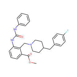 COC(=O)c1cccc(NC(=O)Nc2ccccc2)c1CN1CCC(Cc2ccc(F)cc2)CC1 ZINC000013475851