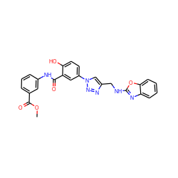 COC(=O)c1cccc(NC(=O)c2cc(-n3cc(CNc4nc5ccccc5o4)nn3)ccc2O)c1 ZINC000653709163