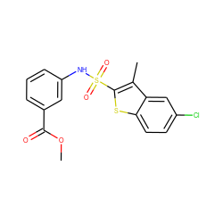 COC(=O)c1cccc(NS(=O)(=O)c2sc3ccc(Cl)cc3c2C)c1 ZINC000114593312