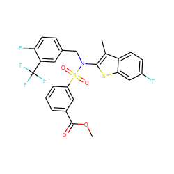 COC(=O)c1cccc(S(=O)(=O)N(Cc2ccc(F)c(C(F)(F)F)c2)c2sc3cc(F)ccc3c2C)c1 ZINC000115232797