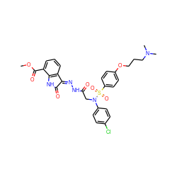 COC(=O)c1cccc2c1NC(=O)/C2=N\NC(=O)CN(c1ccc(Cl)cc1)S(=O)(=O)c1ccc(OCCCN(C)C)cc1 ZINC000028562819
