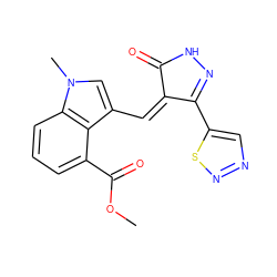 COC(=O)c1cccc2c1c(/C=C1\C(=O)NN=C1c1cnns1)cn2C ZINC000028955047