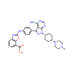 COC(=O)c1cccc2nc(Nc3ccc(-c4nn([C@H]5CC[C@@H](N6CCN(C)CC6)CC5)c5ncnc(N)c45)cc3)oc12 ZINC000253952861