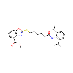 COC(=O)c1cccc2oc(SCCCCCC(=O)Nc3c(C(C)C)cccc3C(C)C)nc12 ZINC000197649098