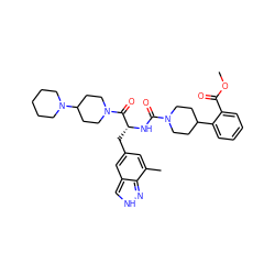 COC(=O)c1ccccc1C1CCN(C(=O)N[C@H](Cc2cc(C)c3n[nH]cc3c2)C(=O)N2CCC(N3CCCCC3)CC2)CC1 ZINC000653710258