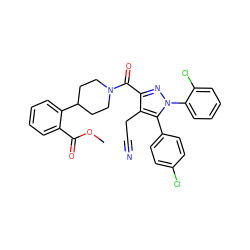 COC(=O)c1ccccc1C1CCN(C(=O)c2nn(-c3ccccc3Cl)c(-c3ccc(Cl)cc3)c2CC#N)CC1 ZINC000049771232