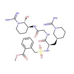 COC(=O)c1ccccc1CS(=O)(=O)N[C@H](C[C@@H]1CCCN(C(=N)N)C1)C(=O)NCC(=O)N[C@H]1CCCN(C(=N)N)[C@@H]1O ZINC000027869014