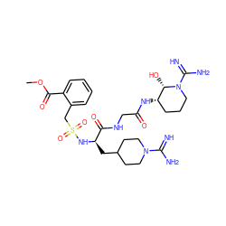 COC(=O)c1ccccc1CS(=O)(=O)N[C@H](CC1CCN(C(=N)N)CC1)C(=O)NCC(=O)N[C@H]1CCCN(C(=N)N)[C@H]1O ZINC000003974886