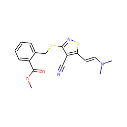 COC(=O)c1ccccc1CSc1nsc(/C=C/N(C)C)c1C#N ZINC000052525242