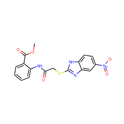 COC(=O)c1ccccc1NC(=O)CSc1nc2cc([N+](=O)[O-])ccc2[nH]1 ZINC000018219745