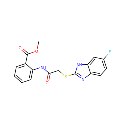 COC(=O)c1ccccc1NC(=O)CSc1nc2ccc(F)cc2[nH]1 ZINC001772627411