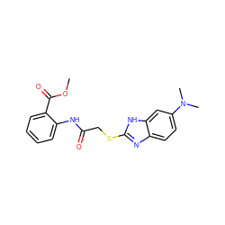 COC(=O)c1ccccc1NC(=O)CSc1nc2ccc(N(C)C)cc2[nH]1 ZINC001772646063