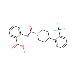 COC(=O)c1ccccc1NC(=O)N1CCC(c2ccccc2C(F)(F)F)CC1 ZINC000169349289