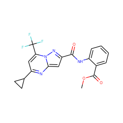 COC(=O)c1ccccc1NC(=O)c1cc2nc(C3CC3)cc(C(F)(F)F)n2n1 ZINC000004810962