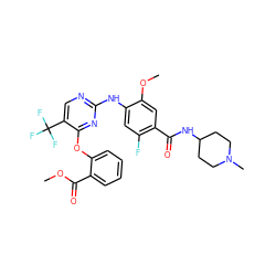 COC(=O)c1ccccc1Oc1nc(Nc2cc(F)c(C(=O)NC3CCN(C)CC3)cc2OC)ncc1C(F)(F)F ZINC000138488840