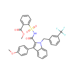 COC(=O)c1ccccc1S(=O)(=O)NC(=O)c1c(-c2ccc(OC)cc2)c2ccccc2n1Cc1cccc(C(F)(F)F)c1 ZINC000034717732