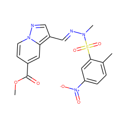 COC(=O)c1ccn2ncc(/C=N/N(C)S(=O)(=O)c3cc([N+](=O)[O-])ccc3C)c2c1 ZINC000082151839