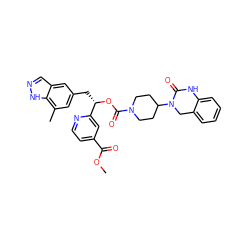 COC(=O)c1ccnc([C@H](Cc2cc(C)c3[nH]ncc3c2)OC(=O)N2CCC(N3Cc4ccccc4NC3=O)CC2)c1 ZINC000084635515