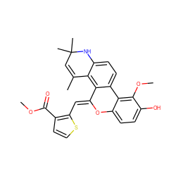 COC(=O)c1ccsc1/C=C1\Oc2ccc(O)c(OC)c2-c2ccc3c(c21)C(C)=CC(C)(C)N3 ZINC000014968585