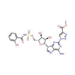 COC(=O)c1cn(-c2nc(N)c3ncn([C@@H]4O[C@H](COS(=O)(=O)NC(=O)c5ccccc5O)[C@@H](O)[C@H]4O)c3n2)nn1 ZINC000044351304