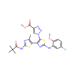 COC(=O)c1cn(-c2sc(Nc3cc(Cl)ccc3OC)nc2-c2sc(NC(=O)C(C)(C)C)nc2C)nn1 ZINC000084688822