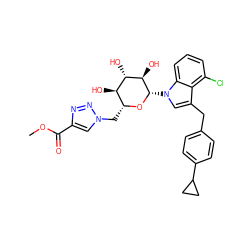 COC(=O)c1cn(C[C@H]2O[C@@H](n3cc(Cc4ccc(C5CC5)cc4)c4c(Cl)cccc43)[C@H](O)[C@@H](O)[C@@H]2O)nn1 ZINC000219451413