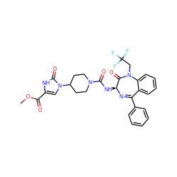 COC(=O)c1cn(C2CCN(C(=O)N[C@@H]3N=C(c4ccccc4)c4ccccc4N(CC(F)(F)F)C3=O)CC2)c(=O)[nH]1 ZINC000036177899