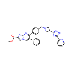 COC(=O)c1cn2cc(-c3ccccc3)c(-c3ccc(CN4CC(c5n[nH]c(-c6ccccn6)n5)C4)cc3)nc2n1 ZINC000167037761