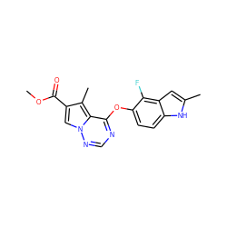 COC(=O)c1cn2ncnc(Oc3ccc4[nH]c(C)cc4c3F)c2c1C ZINC000013684236