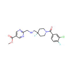 COC(=O)c1cnc(CNCC2(F)CCN(C(=O)c3ccc(F)c(Cl)c3)CC2)nc1 ZINC000028711631