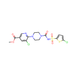 COC(=O)c1cnc(N2CCN(C(=O)NS(=O)(=O)c3ccc(Cl)s3)CC2)c(Cl)c1 ZINC000035985390