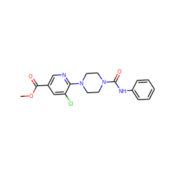 COC(=O)c1cnc(N2CCN(C(=O)Nc3ccccc3)CC2)c(Cl)c1 ZINC000071281195