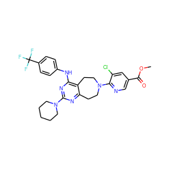 COC(=O)c1cnc(N2CCc3nc(N4CCCCC4)nc(Nc4ccc(C(F)(F)F)cc4)c3CC2)c(Cl)c1 ZINC000144969900