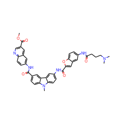 COC(=O)c1cnc2ccc(NC(=O)c3ccc4c(c3)c3cc(NC(=O)c5cc6cc(NC(=O)CCCN(C)C)ccc6o5)ccc3n4C)cc2c1 ZINC000169330415