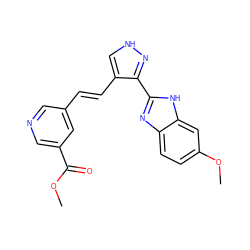 COC(=O)c1cncc(/C=C/c2c[nH]nc2-c2nc3ccc(OC)cc3[nH]2)c1 ZINC000028896778