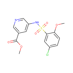 COC(=O)c1cncc(NS(=O)(=O)c2cc(Cl)ccc2OC)c1 ZINC000220888271