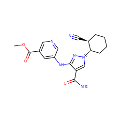 COC(=O)c1cncc(Nc2nn([C@H]3CCCC[C@@H]3C#N)cc2C(N)=O)c1 ZINC000204937565