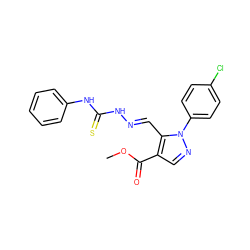 COC(=O)c1cnn(-c2ccc(Cl)cc2)c1/C=N/NC(=S)Nc1ccccc1 ZINC000001031844