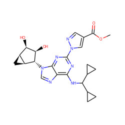 COC(=O)c1cnn(-c2nc(NC(C3CC3)C3CC3)c3ncn([C@H]4[C@H](O)[C@H](O)[C@@H]5C[C@@H]54)c3n2)c1 ZINC000095554466